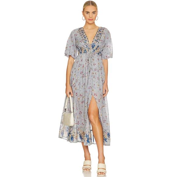 Free People Lysette Maxi Dress Floral Boho Cottage Romantic Fairy Blue Small - Picture 15 of 16